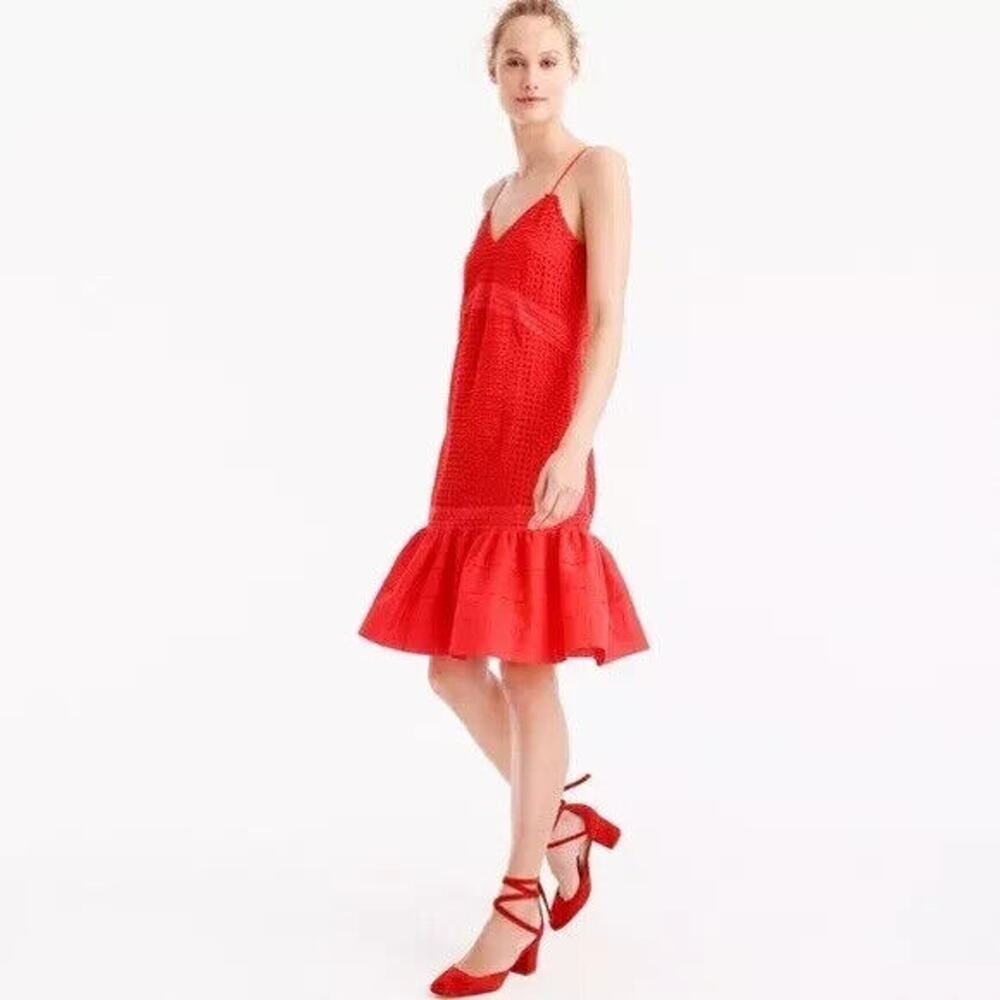J.Crew Women's Red Eyelet Ruffle Hem Spaghetti Strap Fit & Flared Dress Size 2‎